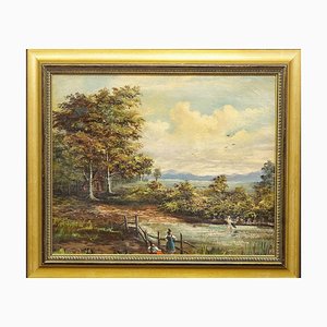 Biedermeier Artist, Landscape with Lake and Trees, 1883, Oil Painting