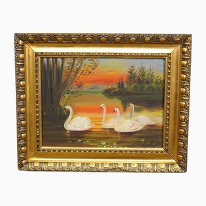 Cygnes sur un Lac au Coucher du Soleil, 1880, Peinture à l'Huile, Encadrée