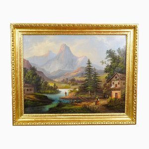 Artista Biedermeier, Paesaggio con fiume e rifugio, 1870, Dipinto ad olio, Incorniciato