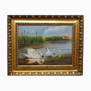 Artista Biedermeier, Cisnes en un lago, 1880, óleo sobre lienzo, enmarcado