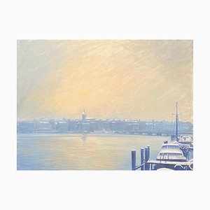 Claude Sauthier, Harbour, Quay y Mont-Blanc Bridge, óleo sobre madera, años 70