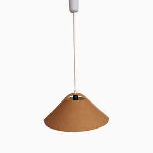 Lampada da soffitto vintage con paralume in plastica rivestito in lino e supporto in compensato curvo, anni '70