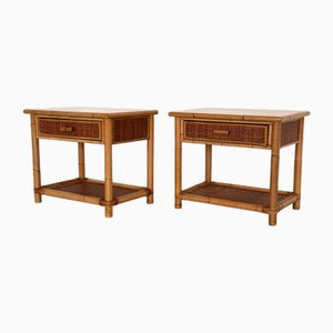 Italian Bamboo and Wicker Bedside Tables with Drawer and Shelf from Vivai del Sud, 1970s, Set of 2