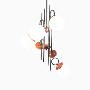 Orange and Chrome Sputnik Six Lamp Pendant Light, 1960s