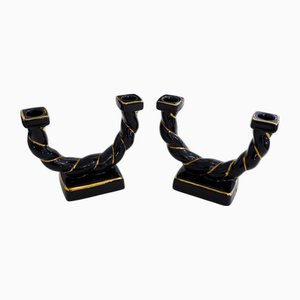 Mid-Century Braided Earthenware Rope Double Candlesticks attributed to Longchamp, France, 1950s, Set of 2