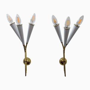 Brass 3-Light Wall Lamps, 1960s, Set of 2