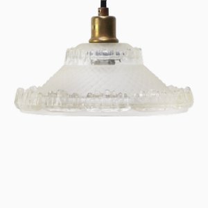 Französische Art Deco Hängelampe aus Messing & Geätztem Klarglas, 1920er