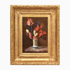 Lilies & Dahlias, Oil on Wood, 19th Century, Framed