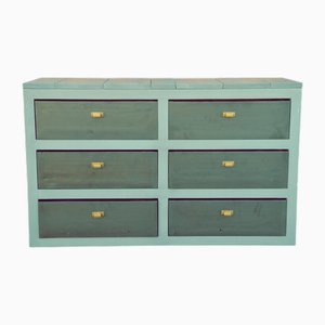 Cassettiera artigianale in pino con finitura nera e grigia