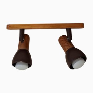 Vintage 2-Light Spotlight Bar with Pine Wood and Brown Metal Reflector, 1970s