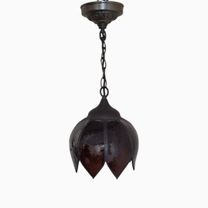 Vintage Rustic Ceiling Lamp with Patinated Metal and Amber-Colored Glass, 1980s