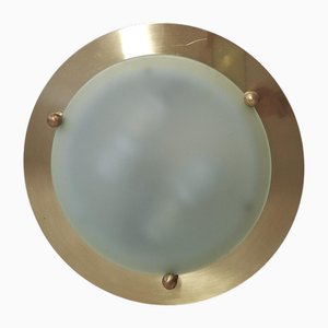 Flat Vintage Ceiling Lamp with Brass Mount and Frosted Glass Shade by Belmonte, 2000s