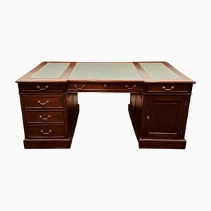 Scrivania in teak inglese con ripiano in pelle
