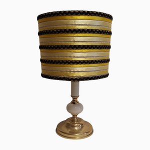 Vintage German Table Lamp with Brass Base with Cream-Colored Ceramic Inlays by Sölken and Handmade Fabric Shade by Lamplove, 1981