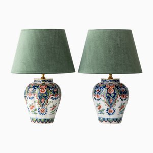 Vintage Delfter Chinoiserie Tischlampen mit Samtschirmen von Royal Tichelaar Makkum, 1940er-1960er, 2er Set