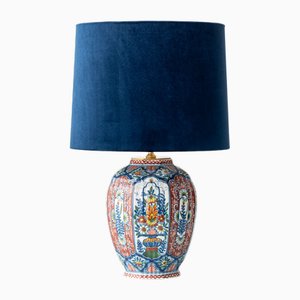 Vintage Delft Polychrome Table Lamp with Indigo Velvet Lampshade from Royal Tichelaar Makkum, 1940s
