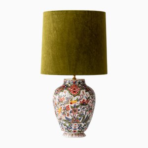 Antique Polychrome Delft-Style Table Lamp with Velvet Shade attributed to Géo Martel Desvres, 1900s-1920s