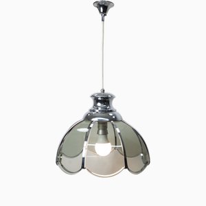 Floral Pendant Lamp in Chromed Metal and Grayed Glass, 1970
