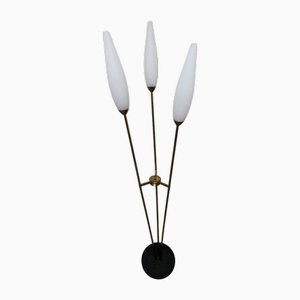 3-Arm Floor Lamp in Gilded Brass, Cast Iron and Opalines, 1960s