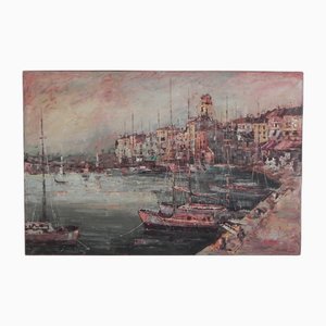 Harry Dedic, Stadtansicht mit Hafen, 1960er, Öl auf Leinwand