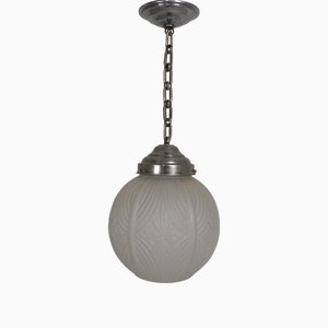 Art Deco Pendant Lamp with Round Globe with Geometric Patterns, 1930s