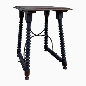 Spanish Side Table with Turned Legs and Iron Stretcher, 1920s