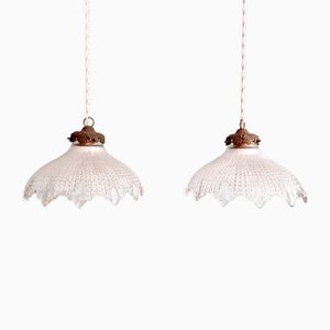 Lampes à Suspension Art Déco en Verre Clair Festonné, 1930s, Set de 2