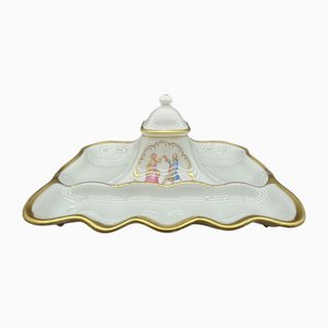 Juego de escritorio antiguo de porcelana con tintero burdeos y pintura en miniatura de Limoges