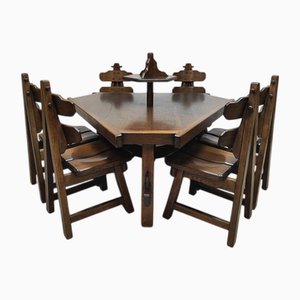 Spanish Brutalist Oak Dining Chairs and Table, 1960s, Set of 7
