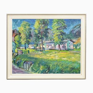 Impressionistischer Künstler, Garten mit Gebäuden im Hintergrund, 1970, Ölgemälde