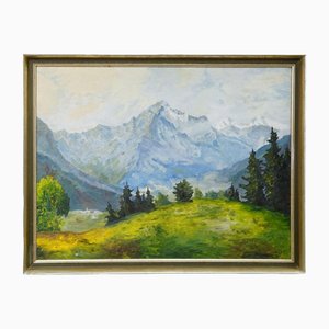 Paisaje alpino con pradera, árboles y montañas, 1900, pintura, enmarcado