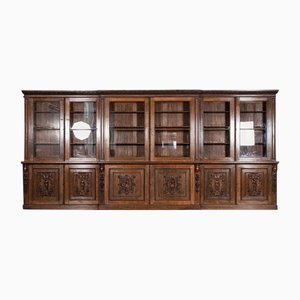 English Carved Oak Breakfront Glazed Bookcase, 1870s