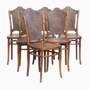 Design Thonet Stühle aus Bugholz, Frühes 20. Jh. mit Schnitzereien von Jacob und Josef Kohn, 6 . Set