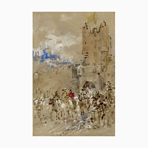 Ernest Crofts RA, Cavaliers on Horseback at the Gate, Ende 1800, Aquarell