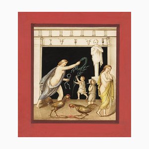 Neapolitanische Schule, Pompeji Mosaik: Hahnenkampf, Anfang 1800, Gouache Malerei