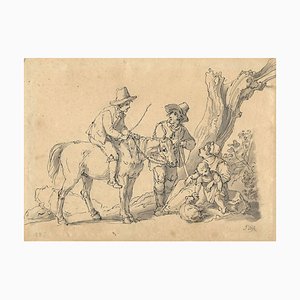 John White Abbott, Bauernfamilie & Rider by a Tree, 1836 Ink & Wash Drawing