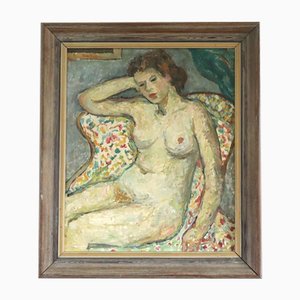 Nude on Gemusterter Sessel, Ölgemälde, Gerahmt