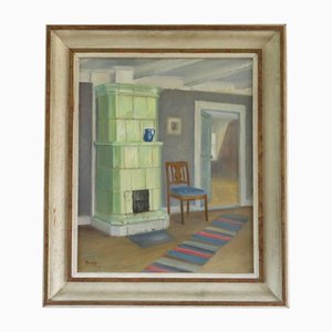 Interieur mit Grünem Ofen, Ölgemälde, Gerahmt