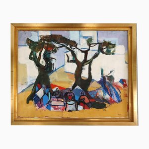 Picnic bajo los pinos, pintura al óleo, enmarcado