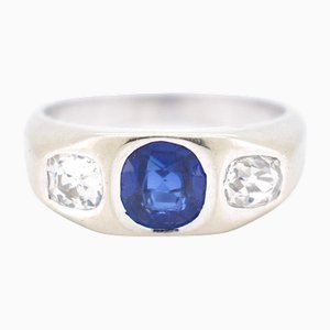 Art Deco Three Stone Synthetic Sapphire and Diamond Ring