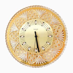 Mid-Century Hollywood Regency Crystal Glass and 24 Karat Gold-Plated Wall Clock by Junghans & Joska Waldglashütte, Germany, 1960s-1970s