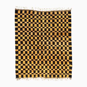 Large Moroccan Mrirt Rug in Hand-Knotted Black and Ochre Checkerboard Patterned Wool, 1990s