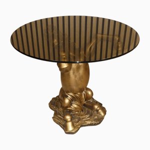 Kleiner Vergoldeter Couchtisch mit Gestell aus Rauchglas, 1970er