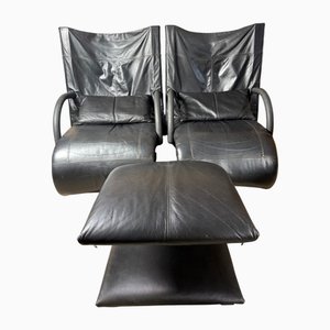 Zen Lounge Chairs and Ottoman in Leather by Claude Brisson for Ligne Roset, Set of 3