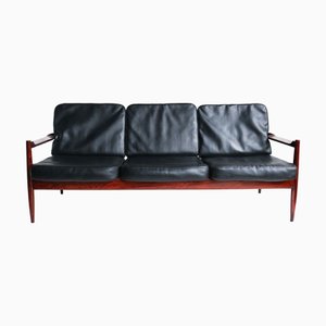 Dänisches 3-Sitzer Sofa aus schwarzem Leder & Teak von Grete Jalk, 1950er