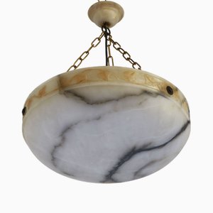 Große Jugendstil Hängelampe aus Weißem Alabaster mit geschnitzten Blättern, 1895