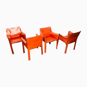 CAB 413 Armchairs in Cognac Brown Leather by Mario Bellini for Cassina, Italy, 1970s, Set of 4