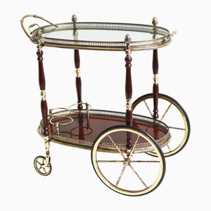 Oval Brass, Glass and Mahogany Serving Bar Cart from Maison Baguès, 1950s