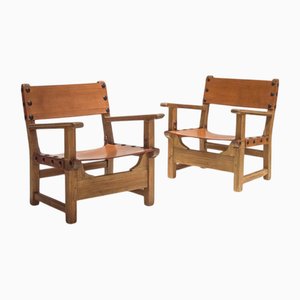 Fauteuils Brutalistes Mid-Century en Cuir Cognac, Espagne, 1950s, Set de 2