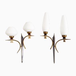 20th Century Wall Lamps in Gilded Brass & Opaline attributed to Maison Arlus, 1960s, Set of 2